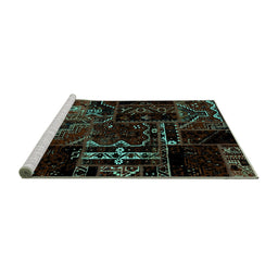 Sideview of Machine Washable Patchwork Turquoise Transitional Area Rugs, wshabs1985turq