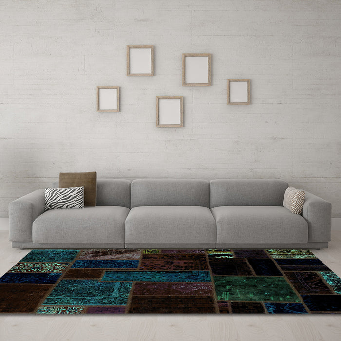 Machine Washable Patchwork Turquoise Transitional Area Rugs in a Living Room,, wshabs1986turq