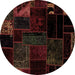 Round Machine Washable Patchwork Brown Transitional Rug, wshabs1986brn