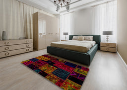 Abstract Reddish Brown Patchwork Rug in a Bedroom, abs1987