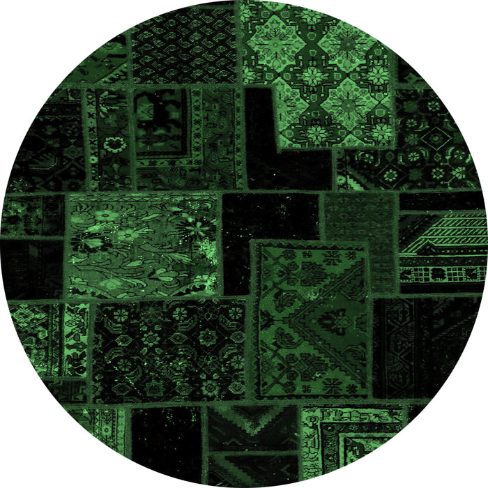 Round Machine Washable Patchwork Emerald Green Transitional Area Rugs, wshabs1987emgrn