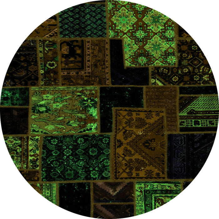 Round Machine Washable Patchwork Green Transitional Area Rugs, wshabs1987grn