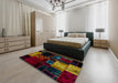 Abstract Antique Bronze Green Patchwork Rug in a Bedroom, abs1988