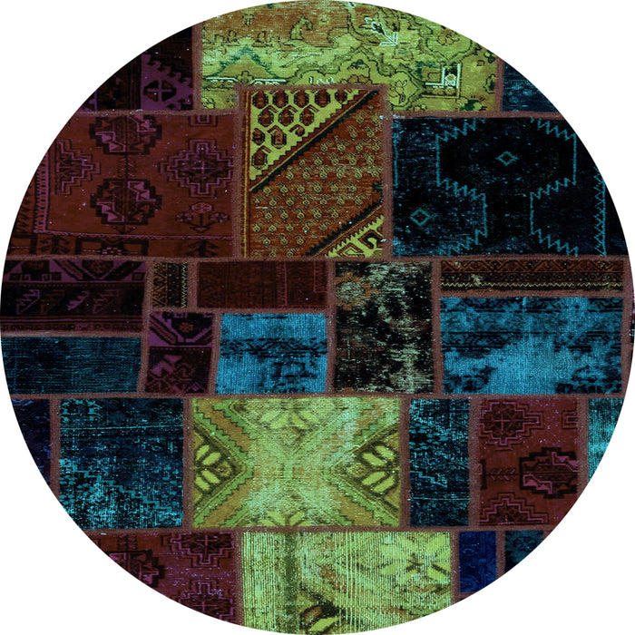 Round Machine Washable Patchwork Light Blue Transitional Rug, wshabs1988lblu