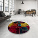 Round Abstract Antique Bronze Green Patchwork Rug in a Office, abs1988