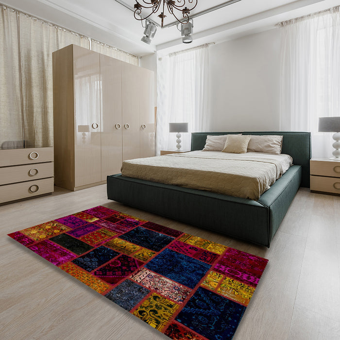 Abstract Red Brown Patchwork Rug in a Bedroom, abs1989