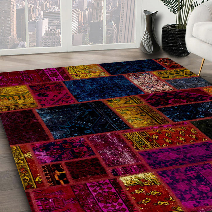 Abstract Red Brown Patchwork Rug in Family Room, abs1989