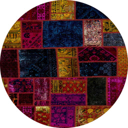 Round Abstract Red Brown Patchwork Rug, abs1989
