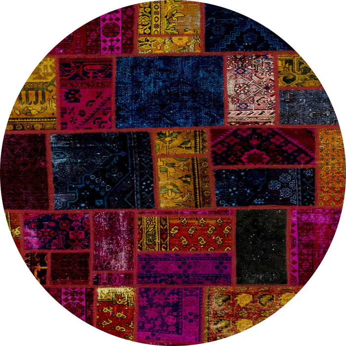 Round Abstract Red Brown Patchwork Rug, abs1989