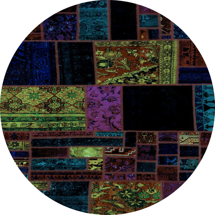 Round Machine Washable Patchwork Light Blue Transitional Rug, wshabs1990lblu