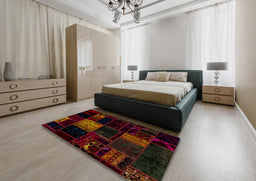 Abstract Bakers Brown Patchwork Rug in a Bedroom, abs1991