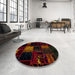 Round Abstract Bakers Brown Patchwork Rug in a Office, abs1991