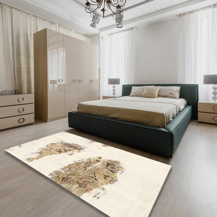 Machine Washable Abstract Blanched Almond Beige Rug in a Bedroom, wshabs1992