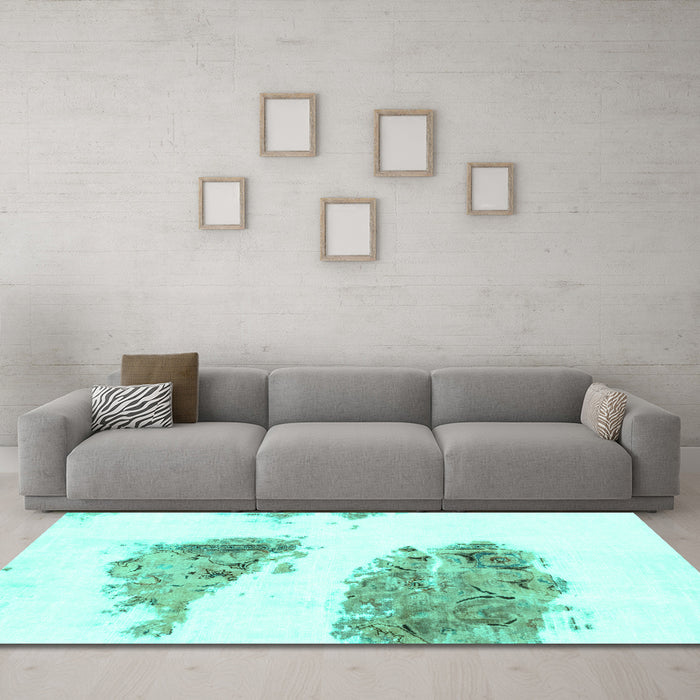 Machine Washable Abstract Turquoise Modern Area Rugs in a Living Room,, wshabs1992turq