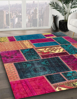 Abstract Bright Maroon Red Patchwork Rug in Family Room, abs1995