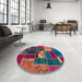 Round Abstract Bright Maroon Red Patchwork Rug in a Office, abs1995