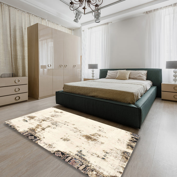 Machine Washable Abstract Blanched Almond Beige Rug in a Bedroom, wshabs1997