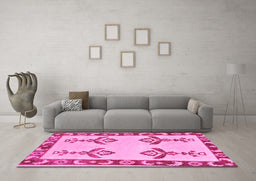 Machine Washable Oriental Pink Modern Rug in a Living Room, wshabs1pnk