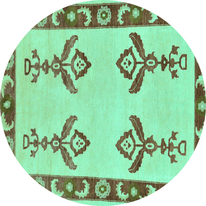 Round Machine Washable Oriental Turquoise Modern Area Rugs, wshabs1turq