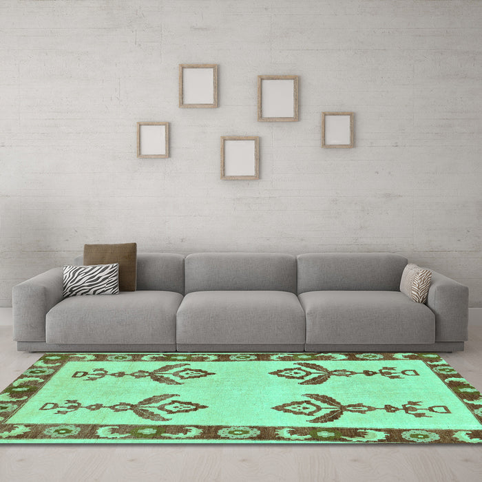 Machine Washable Oriental Turquoise Modern Area Rugs in a Living Room,, wshabs1turq