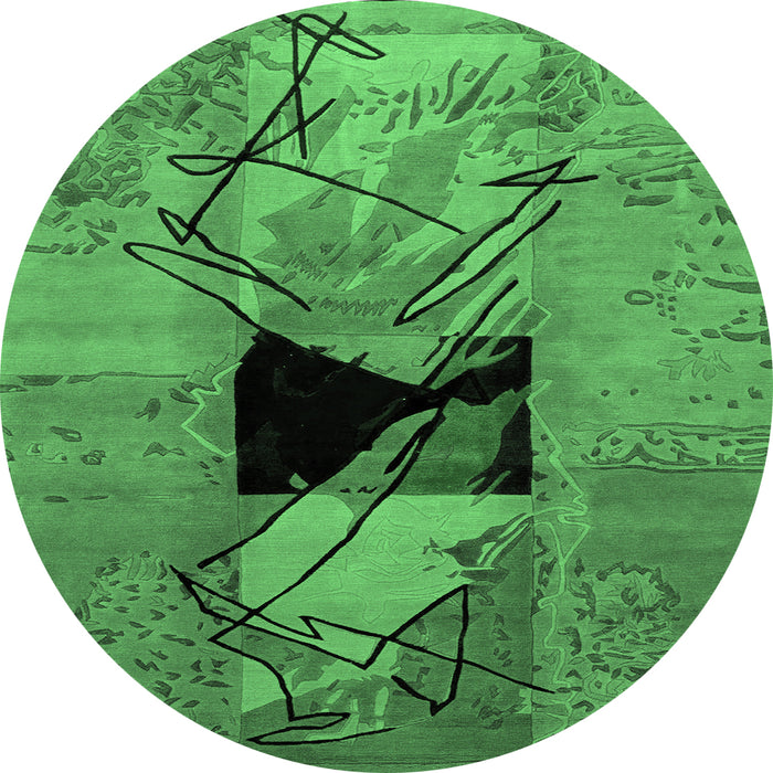 Round Machine Washable Abstract Emerald Green Modern Area Rugs, wshabs2001emgrn