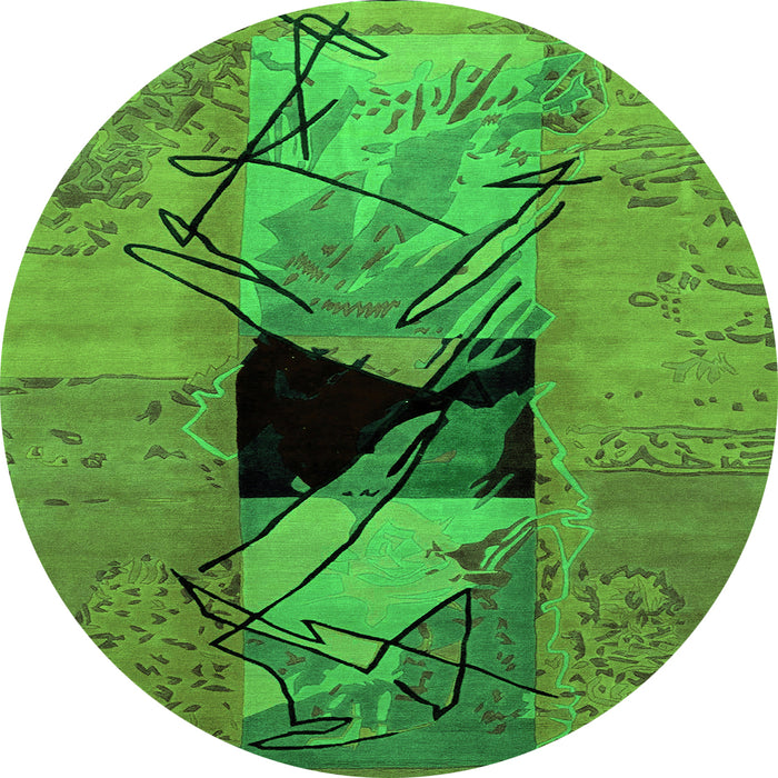 Round Machine Washable Abstract Green Modern Area Rugs, wshabs2001grn