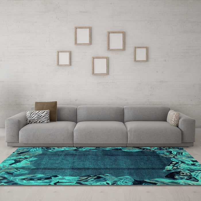 Machine Washable Abstract Turquoise Modern Area Rugs in a Living Room,, wshabs2002turq