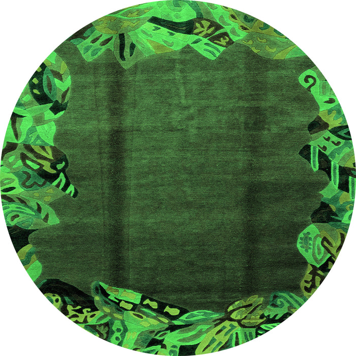 Round Machine Washable Abstract Green Modern Area Rugs, wshabs2002grn