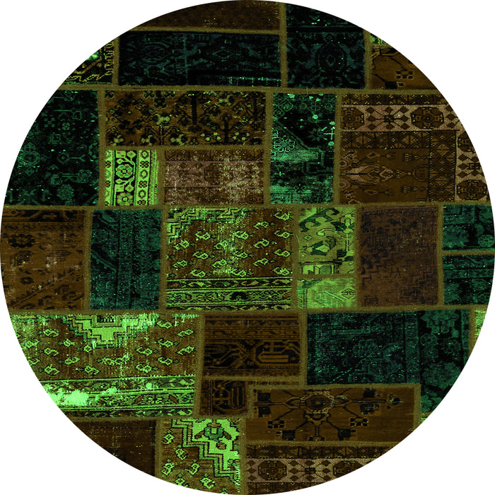 Round Machine Washable Patchwork Green Transitional Area Rugs, wshabs2003grn