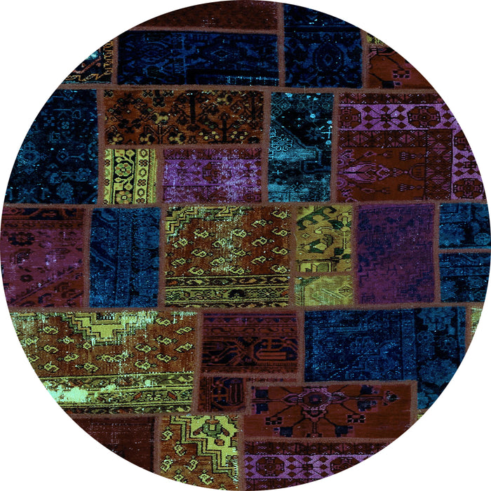 Round Machine Washable Patchwork Light Blue Transitional Rug, wshabs2003lblu