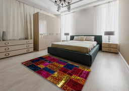 Abstract Burgundy Red Patchwork Rug in a Bedroom, abs2003