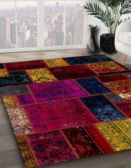 Abstract Burgundy Red Patchwork Rug in Family Room, abs2004