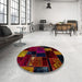 Round Abstract Burgundy Red Patchwork Rug in a Office, abs2004