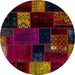 Round Abstract Burgundy Red Patchwork Rug, abs2004