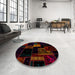 Round Abstract Red Brown Patchwork Rug in a Office, abs2005