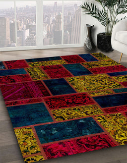 Abstract Dark Brown Patchwork Rug in Family Room, abs2006