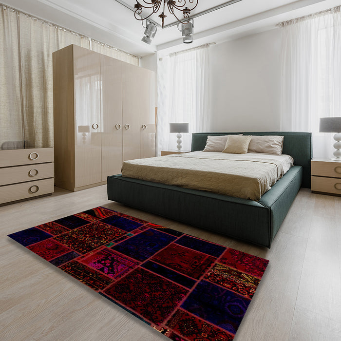 Abstract Red Patchwork Rug in a Bedroom, abs2007