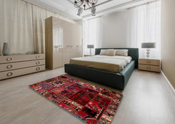 Abstract Cranberry Red Patchwork Rug in a Bedroom, abs2008
