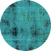 Round Machine Washable Abstract Turquoise Modern Area Rugs, wshabs2011turq