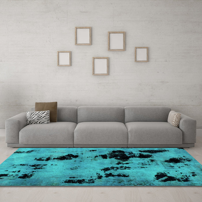 Machine Washable Abstract Turquoise Modern Area Rugs in a Living Room,, wshabs2012turq