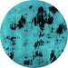 Round Machine Washable Abstract Turquoise Modern Area Rugs, wshabs2012turq