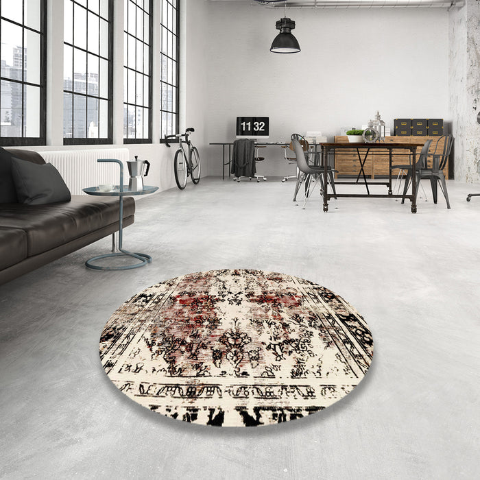 Round Machine Washable Abstract Wheat Beige Rug in a Office, wshabs2020
