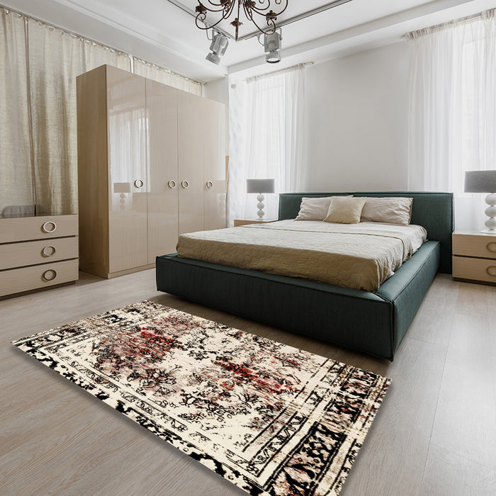 Abstract Wheat Beige Modern Rug in a Bedroom, abs2020