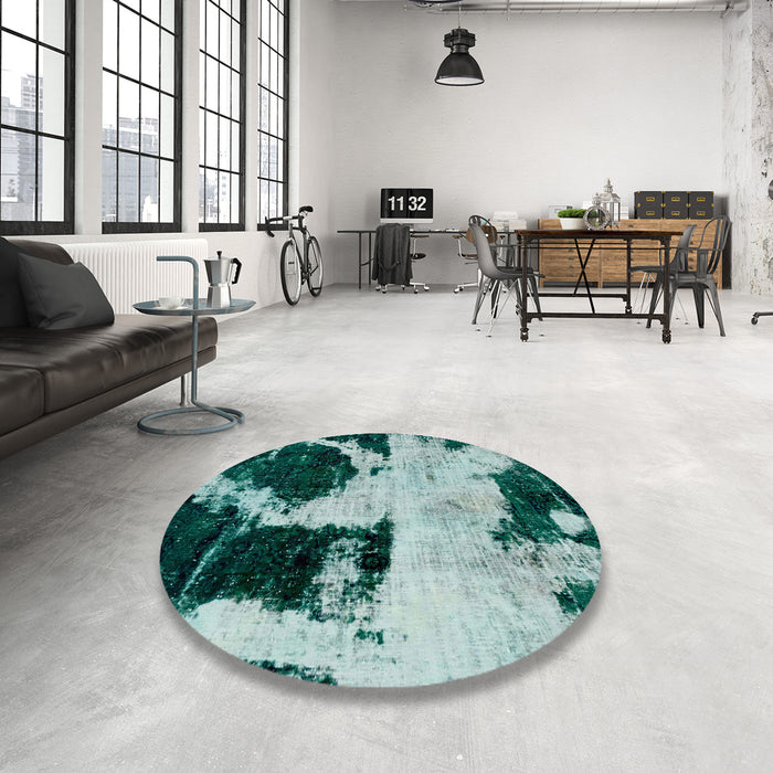 Round Machine Washable Abstract Northern Lights Blue Rug in a Office, wshabs2025