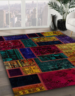 Abstract Dark Brown Patchwork Rug in Family Room, abs2027
