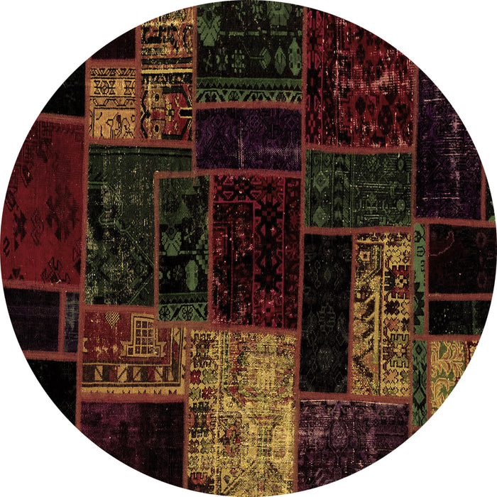 Round Machine Washable Patchwork Brown Transitional Rug, wshabs2027brn