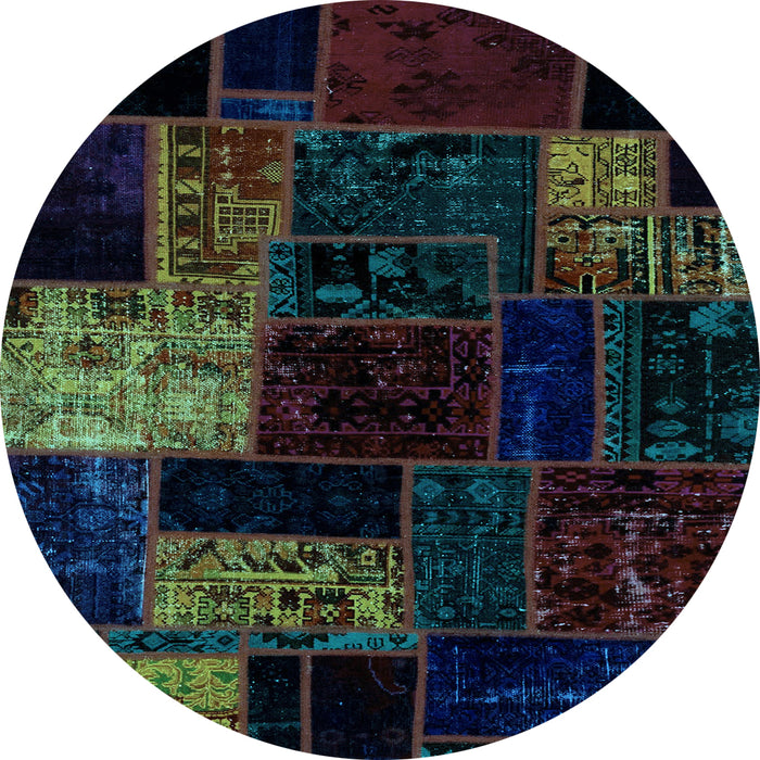 Round Machine Washable Patchwork Light Blue Transitional Rug, wshabs2027lblu