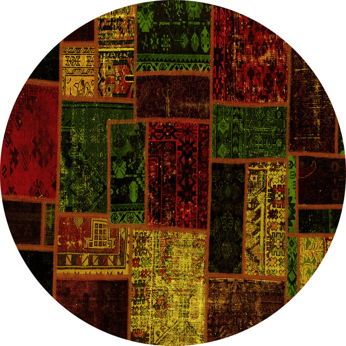 Round Machine Washable Patchwork Yellow Transitional Rug, wshabs2027yw