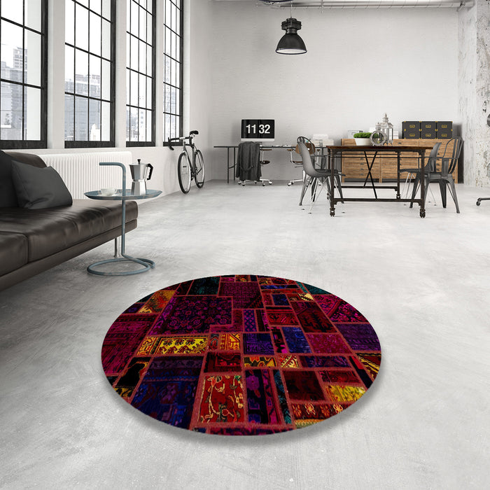 Round Abstract Bakers Brown Patchwork Rug in a Office, abs2032