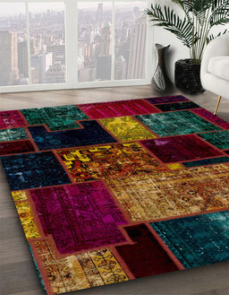 Abstract Coffee Brown Patchwork Rug in Family Room, abs2033